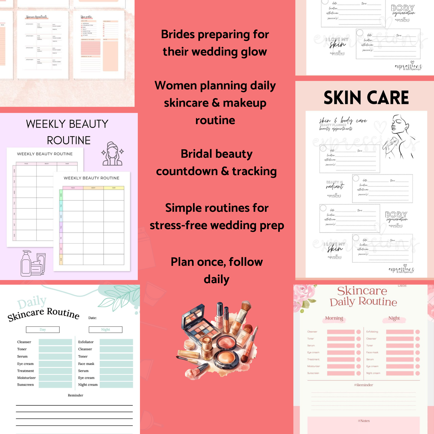 Bridal Beauty Planner – Wedding Day Skincare & Makeup Schedule (Printable PDF)