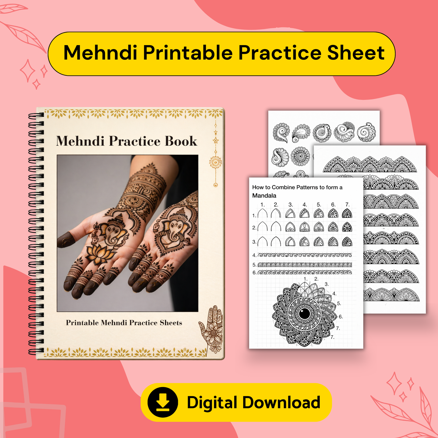 150+ Mehndi Practice Printable Sheets – Step-by-Step Design Workbook (Instant Digital PDF)