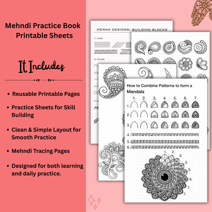 150+ Mehndi Practice Printable Sheets – Step-by-Step Design Workbook (Instant Digital PDF)